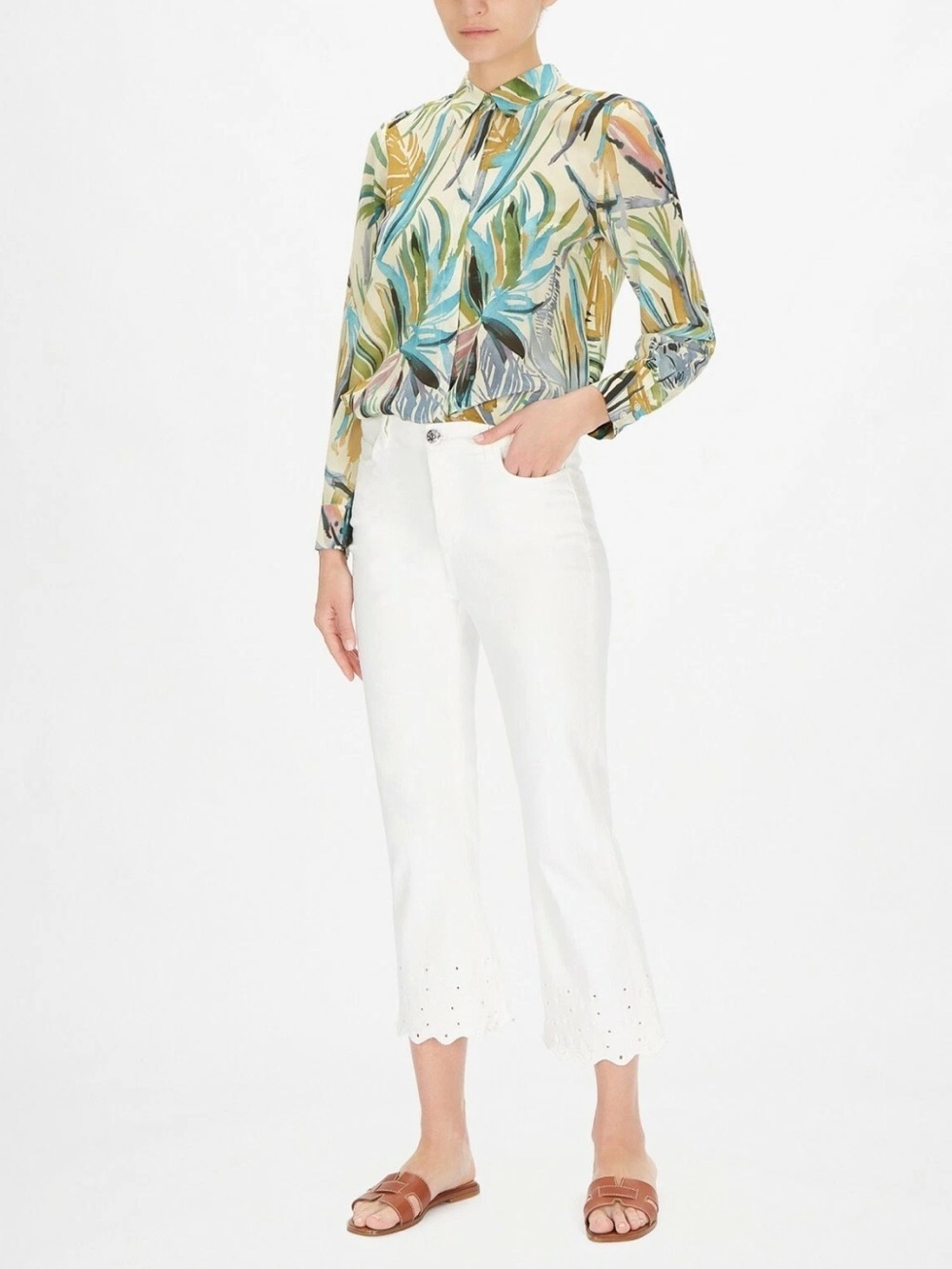 Marella Bianco Sz 8 Embroidered Eyelet Cutout Hem Scalloped Cropped Pants